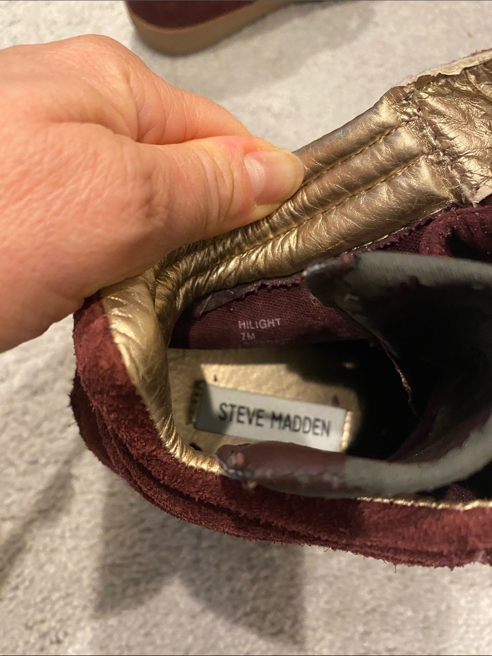 Steve Madden Burgundy Suede Wedge Sneaker with Gold Accent - Picture 4 of 5
